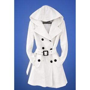 Women's Croft & Barrow White Hooded Trench Coat XL Belted Double Breasted